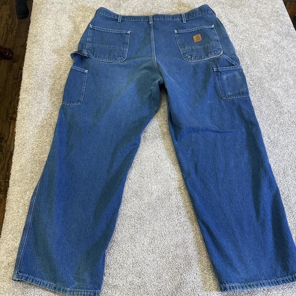 Carhartt Denim Carpenter Jeans 42x30 Workwear Blue Jeans Leather Patch - Picture 5 of 8